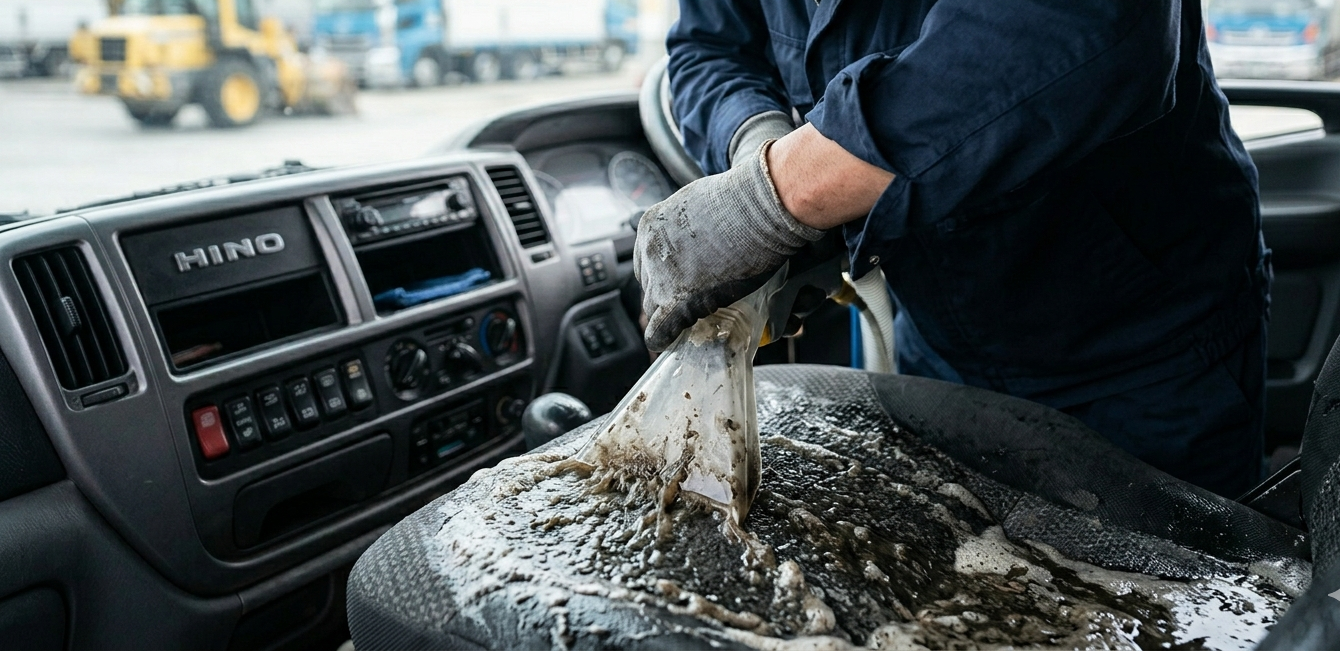 ダンプカー 泥汚れと砂埃のキャビンクリーニング